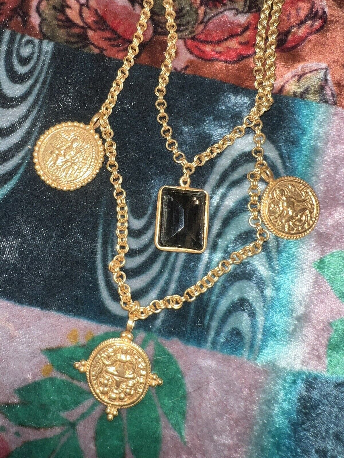 Julie Vos Double Strand Coin Medallion & Smokey Quartz 24k Gold Plated Necklace