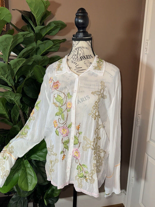 Johnny Was XL White Button Up Blouse Top Pink Floral & Bird Embroidered