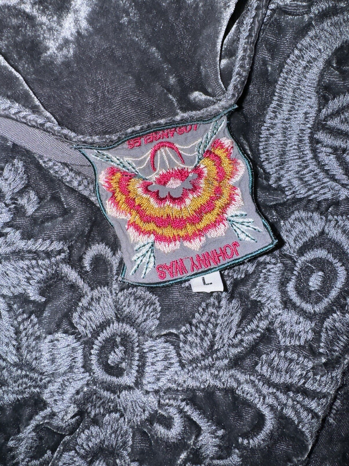 Johnny Was L Steel Grey Velvet Mini Dress Or Tunic Top BOHO Tonal Embroidery Johnny Was