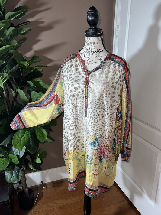 100% Silk Johnny Was Tunic Top XXL 2X Soft & Flowy Leopard & Flower