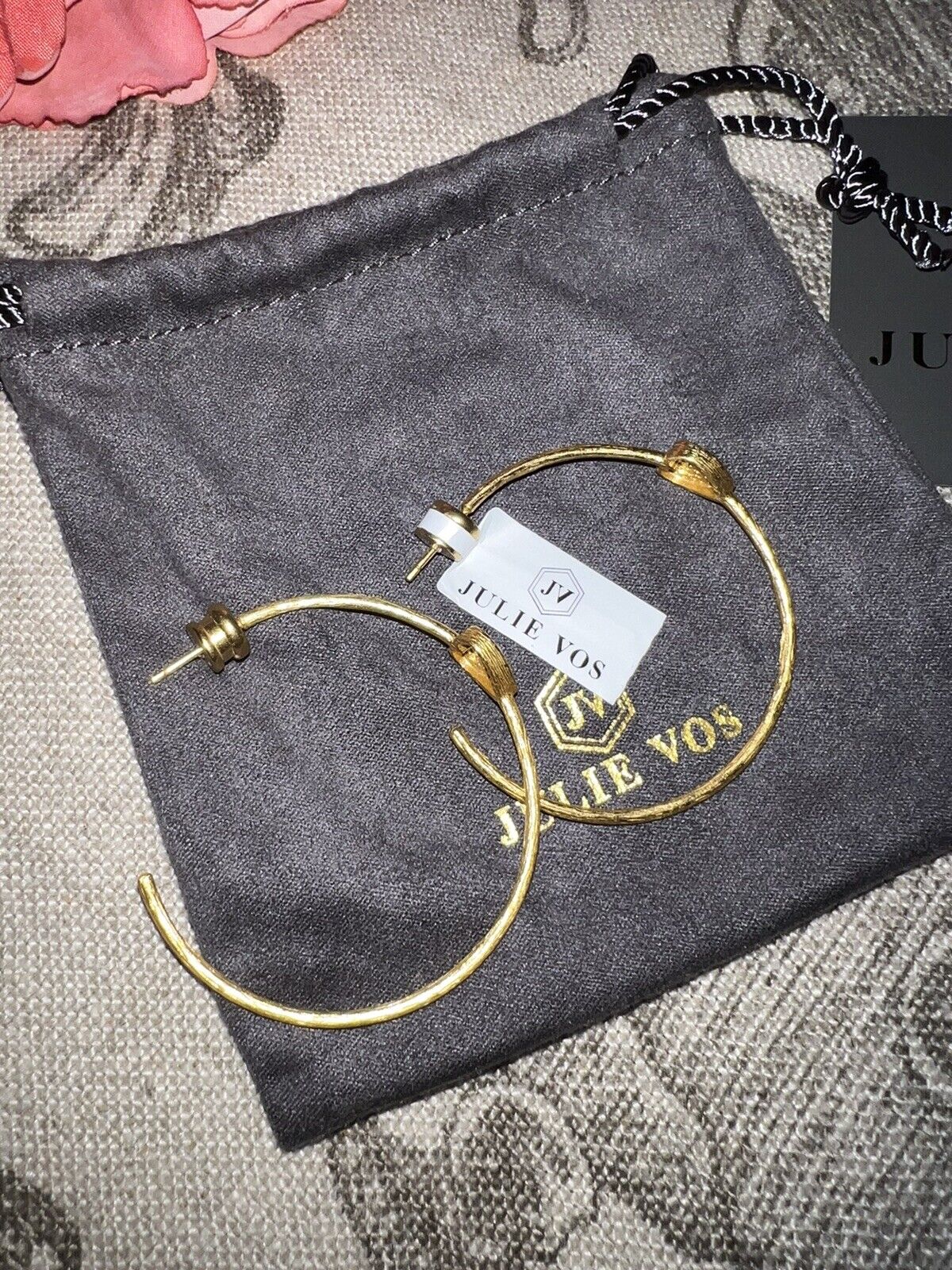 NEW Julie Vos New Pave CZ Heart 1.75” Hoop Earrings 24k Gold Plate NWT