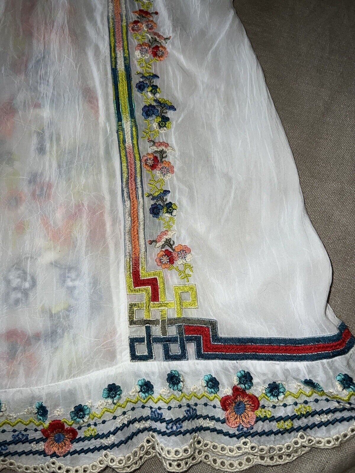 Johnny Was Silky White Embroidered Peasant Blouse Top Tunic L Large