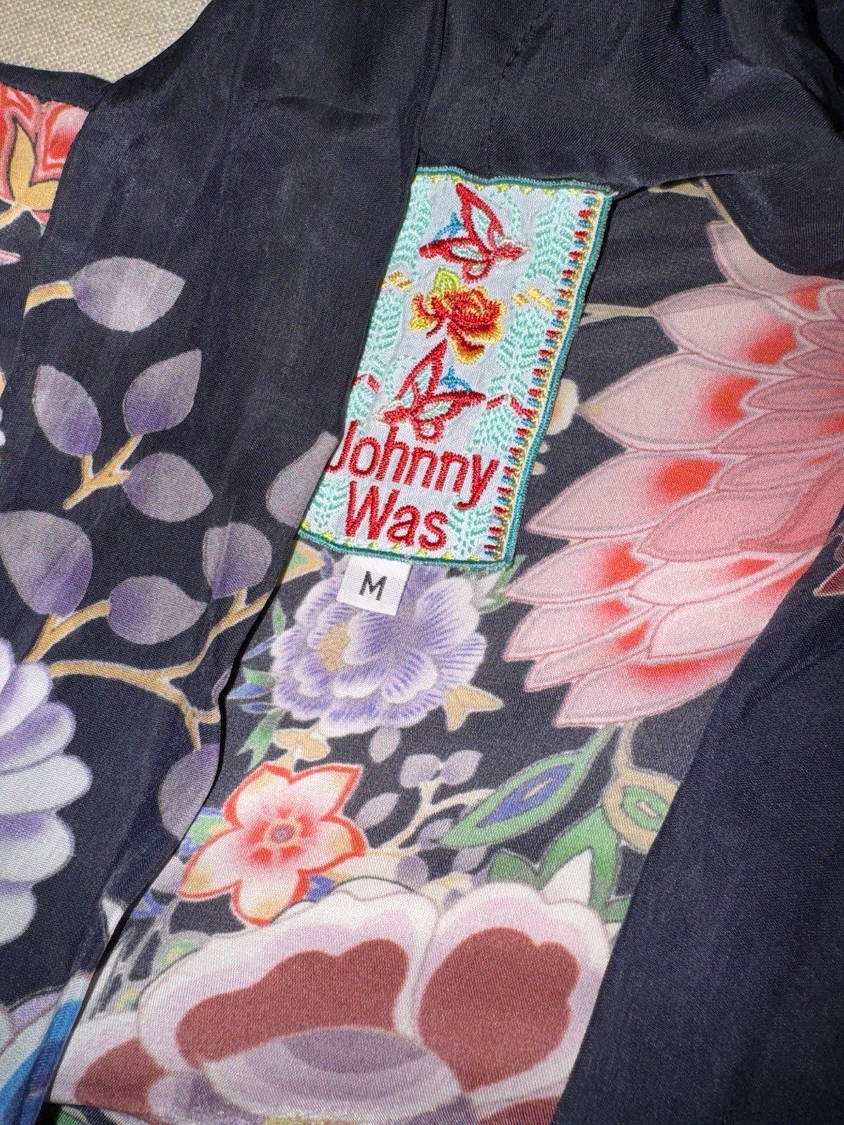 Johnny Was M Silky Kimono Top BOHO Lightweight Cool Florals Jacket Cardigan READ Johnny Was