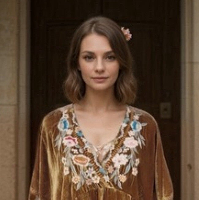 Johnny Was L Golden Velvet Embroidered Mini Dress Tunic Shift Top Babydoll LUXE Johnny Was