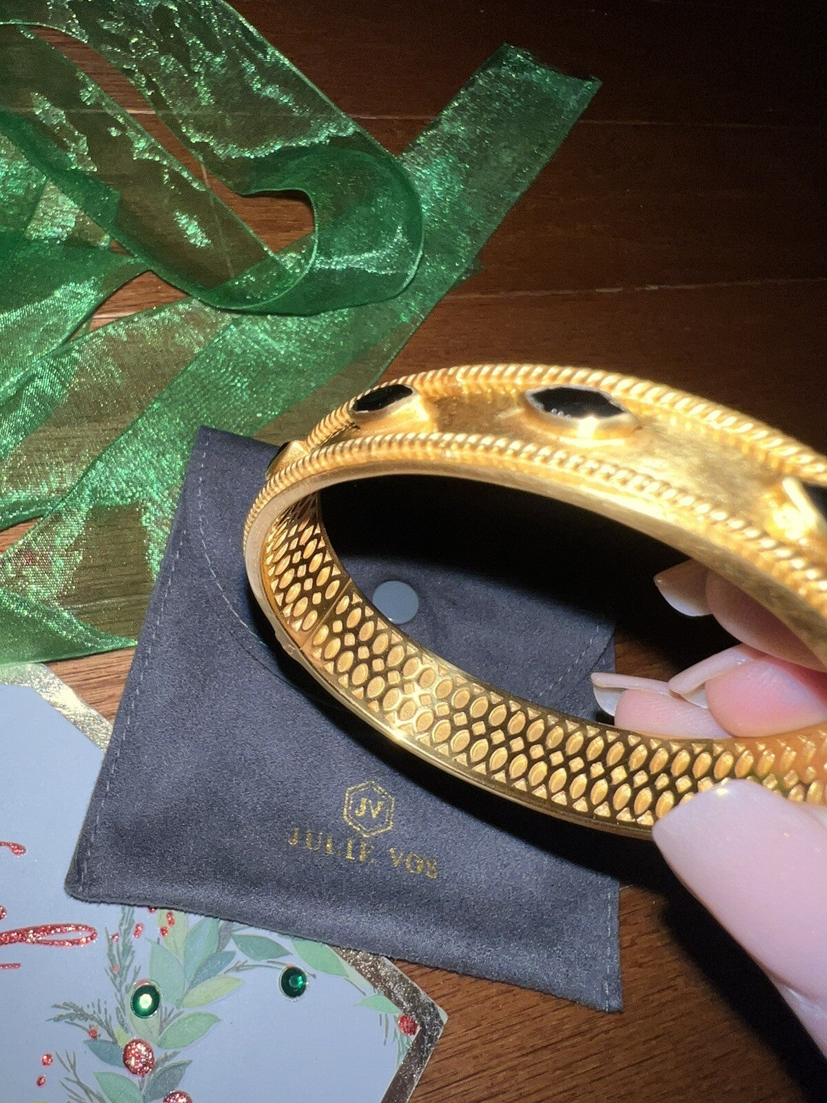 Julie Vos Hinged Cuff Bangle Bracelet Obsidian 24k Gold Plate Julie Vos