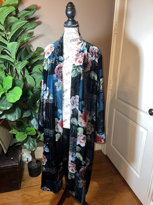 Johnny Was Velvet & Silk Lined Kimono Wrap Sz L Large Jewel Tone Floral