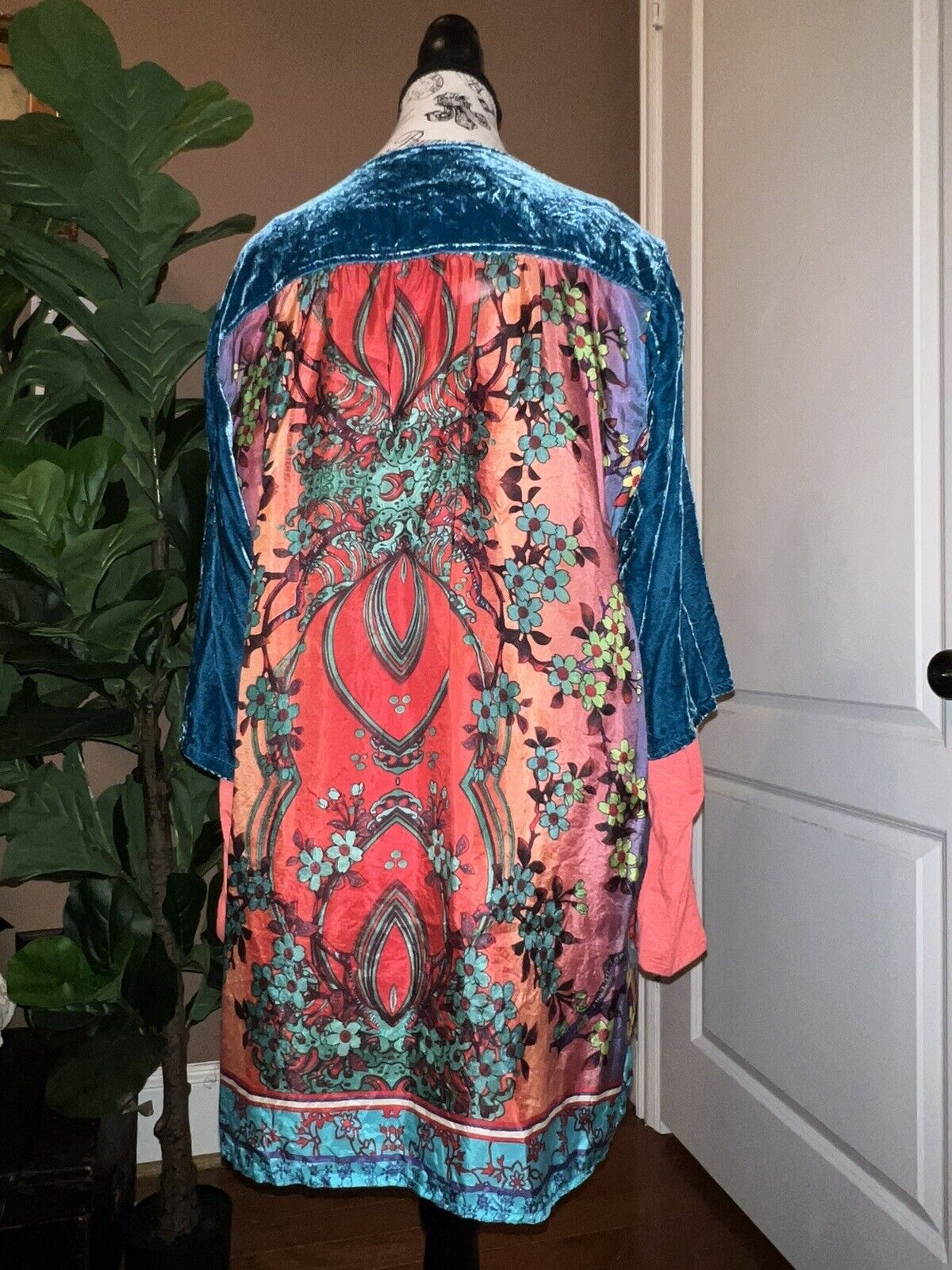 2 pc Johnny Was Teal Blue Velvet & Silk Tunic Top W/ Matching Undershirt L Large