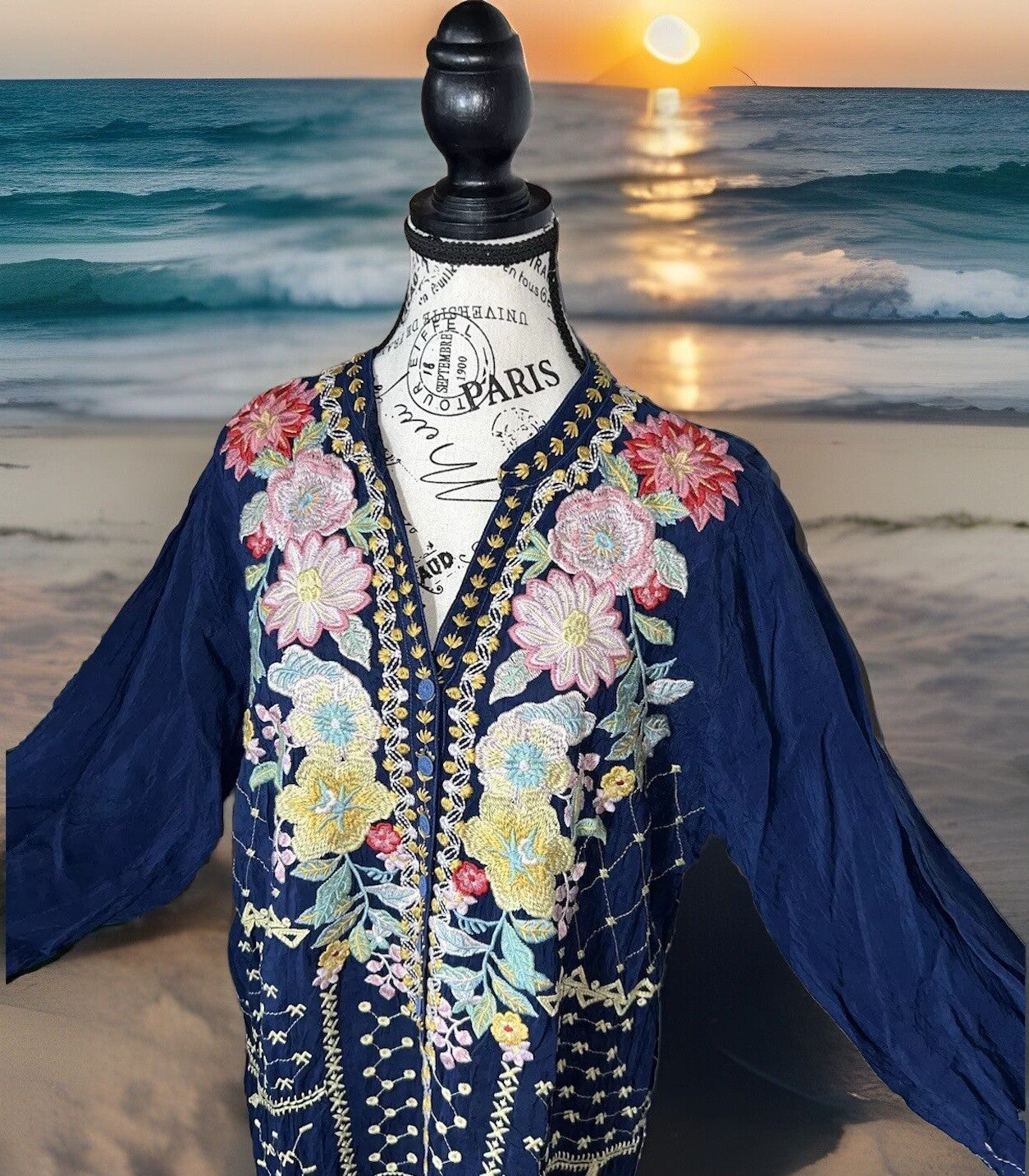 EuC Johnny Was L Large Blue Embroidered Tunic Top Mini Dress Floral RETIRED Johnny Was