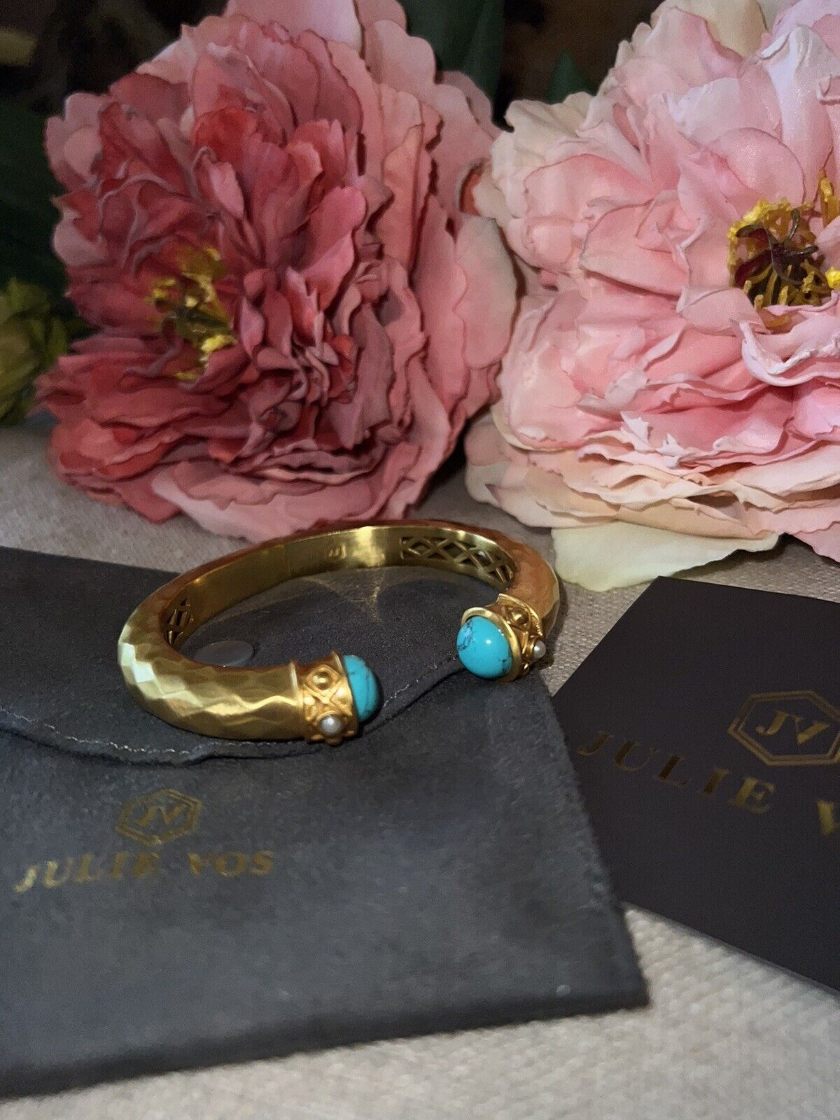 NEW Julie Vos Hinged Bangle Bracelet Blue Turquoise 24k Gold Plated NWOT