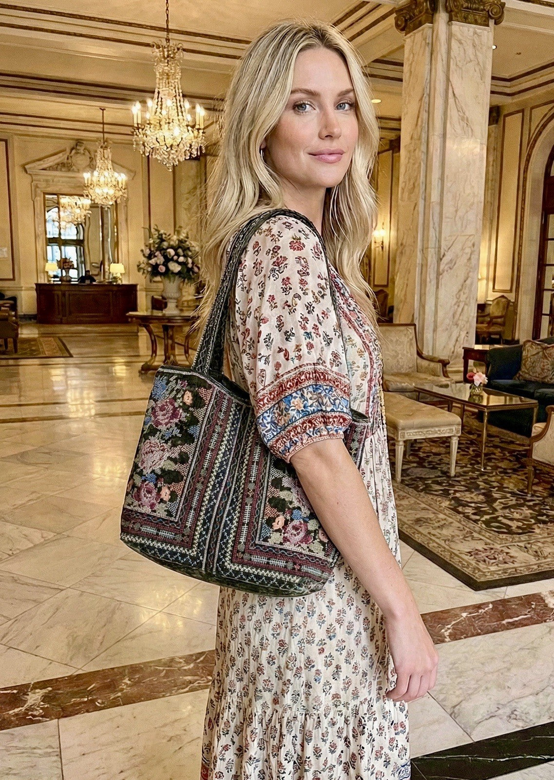 Johnny Was Large Grey Velvet Hobo Bag Tote Purse Embroidered Crossbody Johnny Was