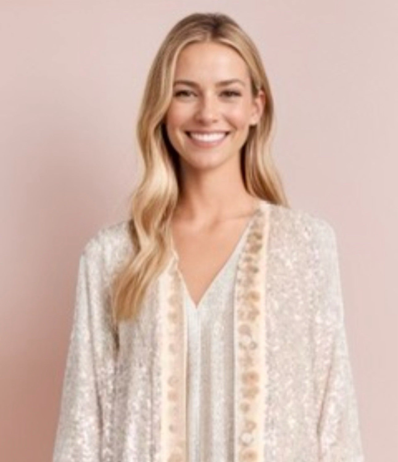 Johnny Was M Silk & Sequins Ivory KIMONO Long Duster Wrap PTP-28” OVERSIZED Johnny Was