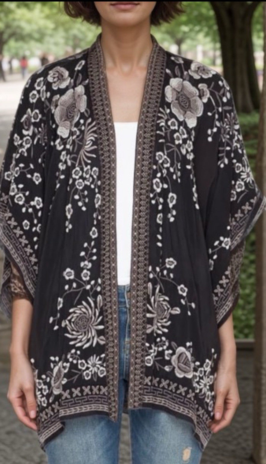 Johnny Was XL Silky Black Kimono Wrap Top Embroidered Black Duster Jacket Floral Johnny Was