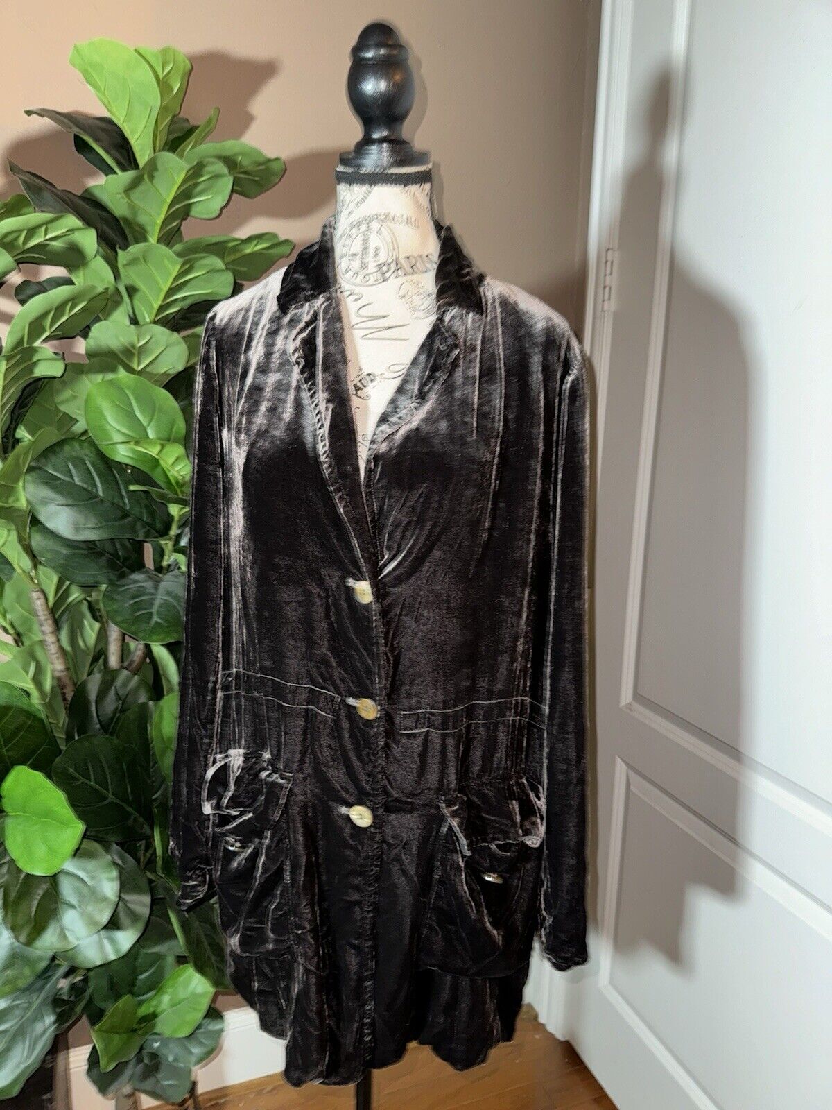 Johnny Was Sz L Large Grey Velvet Duster Blazer Coat Jacket Kimono Wrap