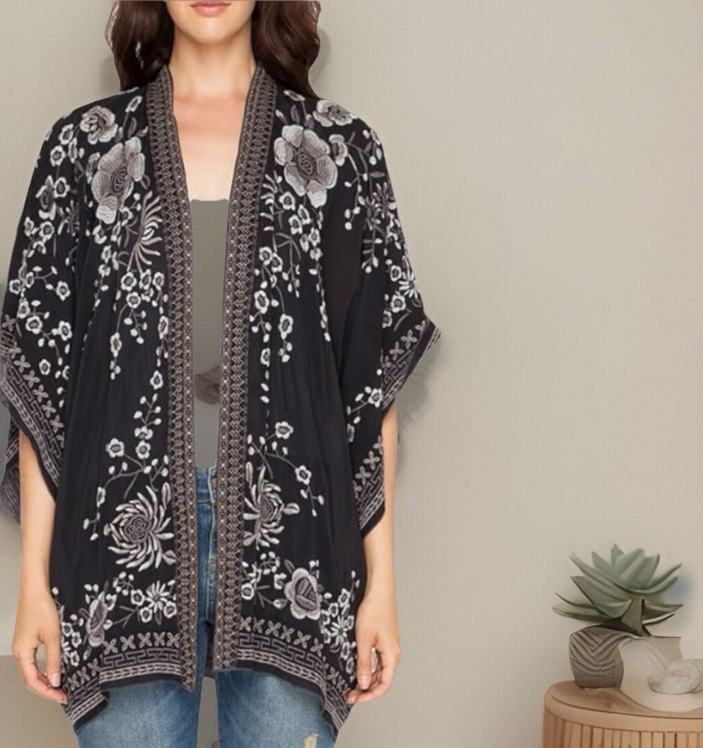Johnny Was XL Silky Black Kimono Wrap Top Embroidered Black Duster Jacket Floral Johnny Was