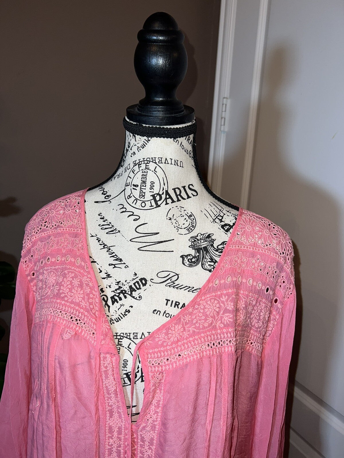 Johnny Was 2X Embroidered Tunic Top Pink Eyelet Lace Peasant Blouse Mini Dress Johnny Was
