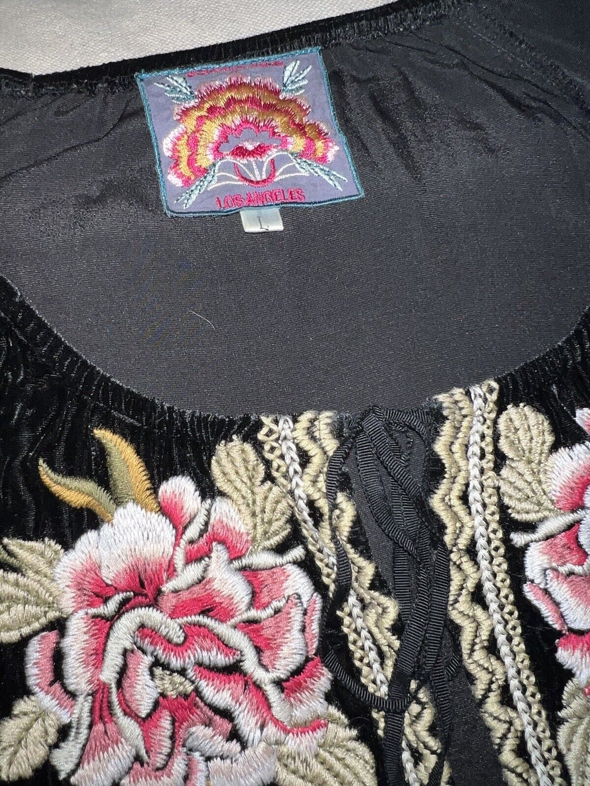 Johnny Was Black Velvet Heavily Embroidered Tunic Top L Large Peasant