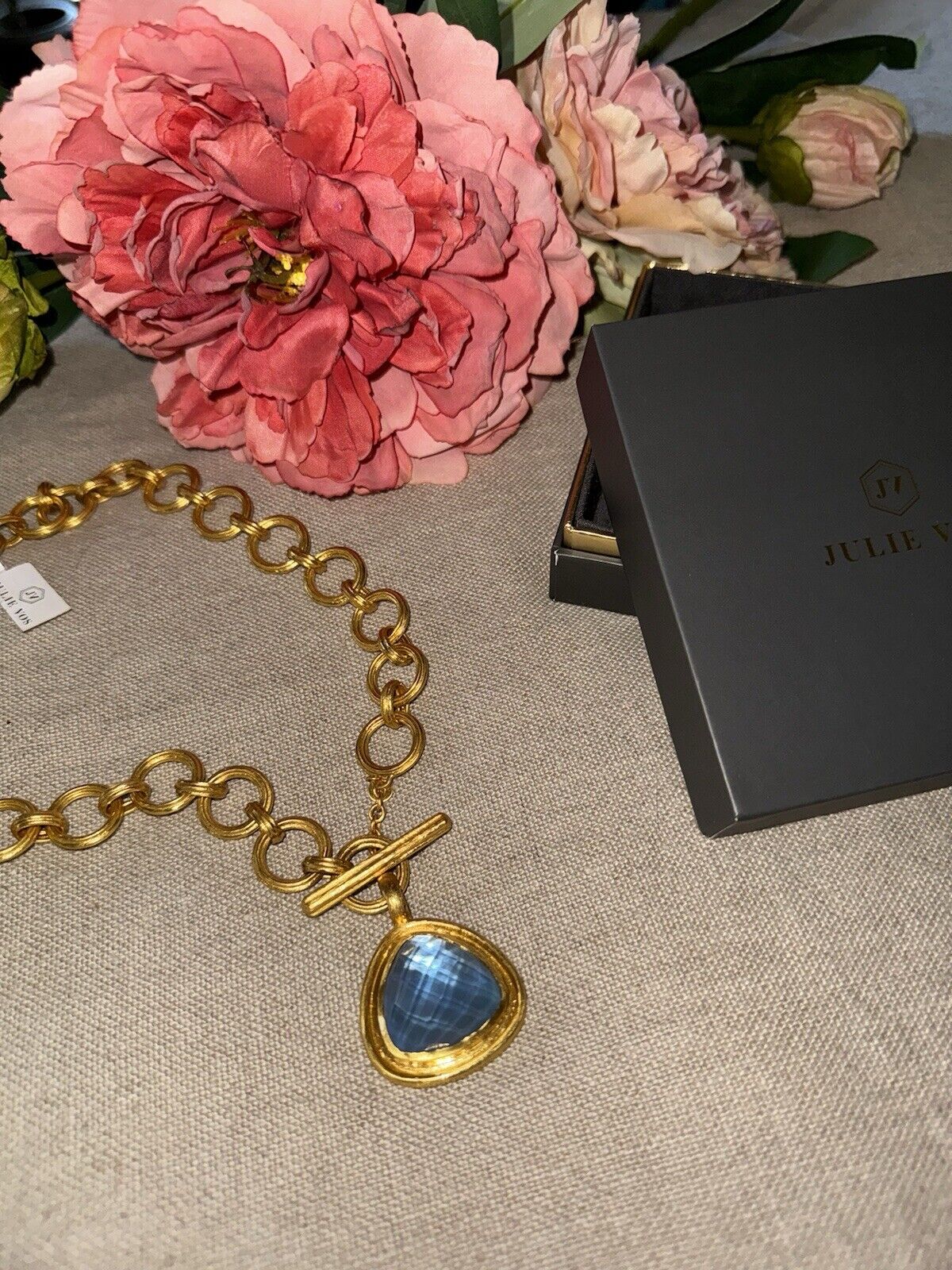 Julie Vos Iridescent Blue & 24k Gold Plate Toggle Statement Necklace