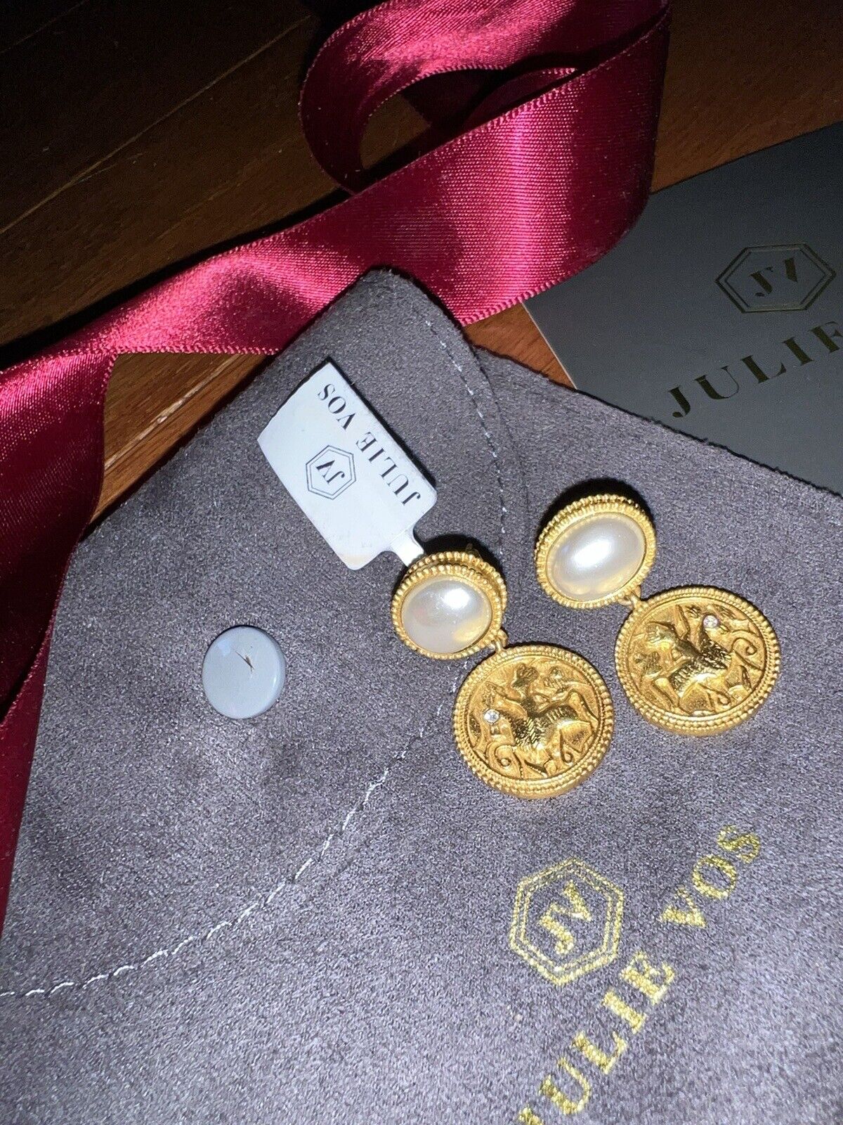 NEW Julie Vos Pearl & 24k Plated Coin Medallion Earrings GORGEOUS