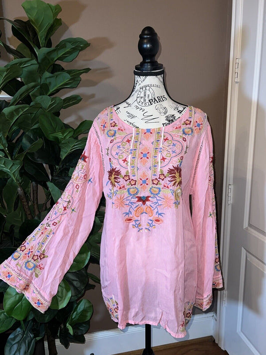 Johnny Was Silky Pink Sz L Large Tunic Top Embroidered Kimono Sleeves