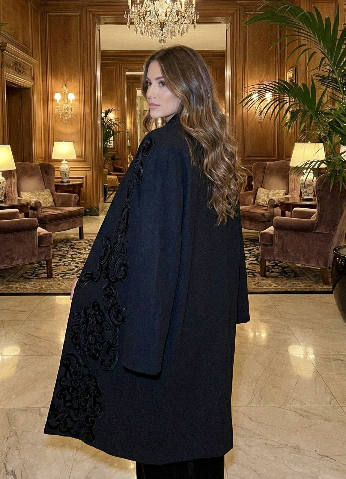 Johnny Was M Black Wool Blend Dressy Coat Silk Lining Jacket Satin Accents Johnny Was