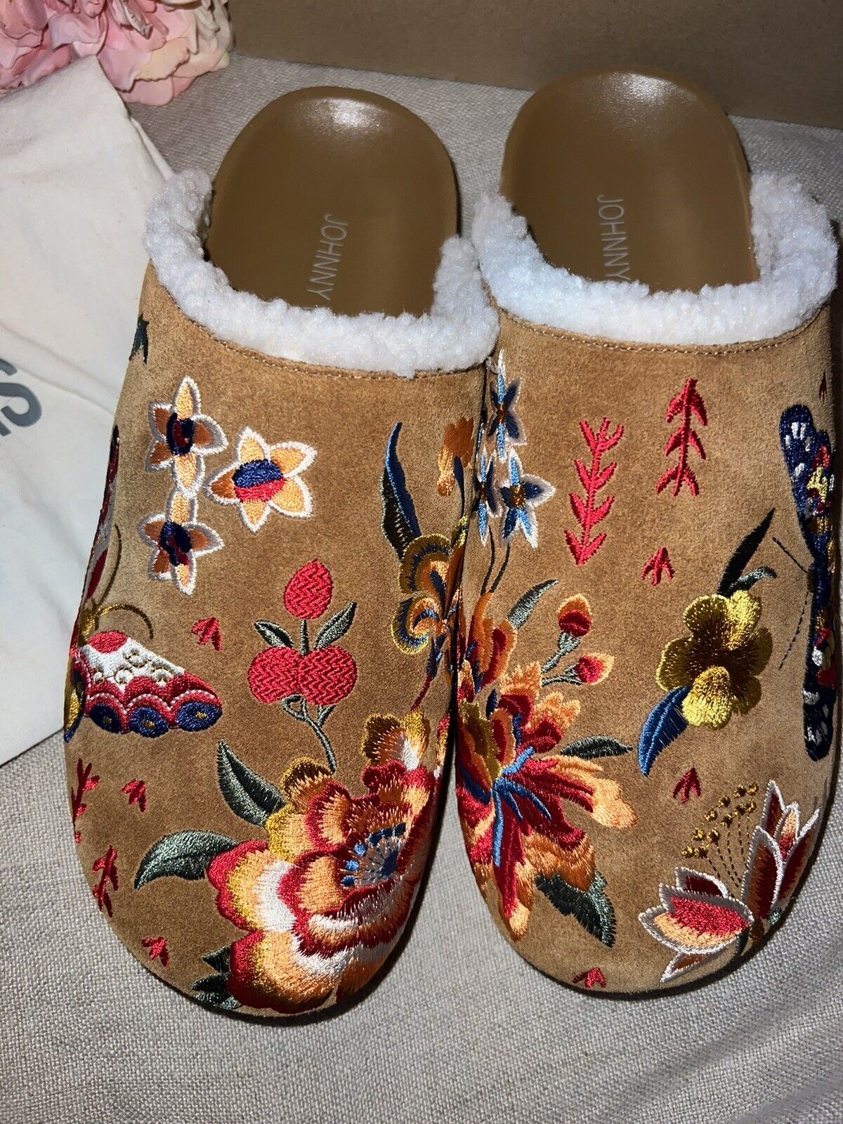 Johnny Was Sz 9 Embroidered Suede Shoes Mules Sherpa Lining W/ Box &Dust Bag