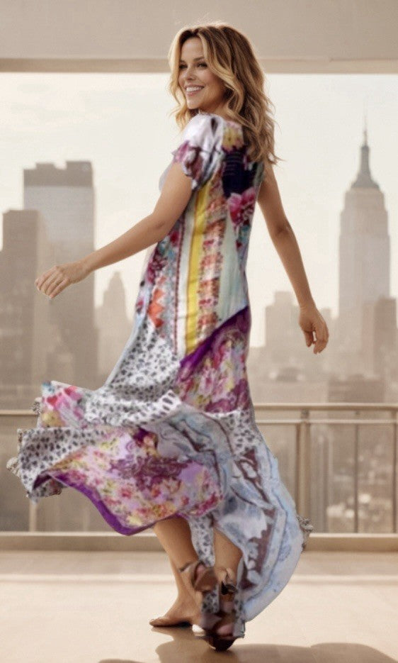 Johnny Was XL 100% Silk Maxi Dress A-Line Kaftan Floral Pattern Lightweight Cool Johnny Was