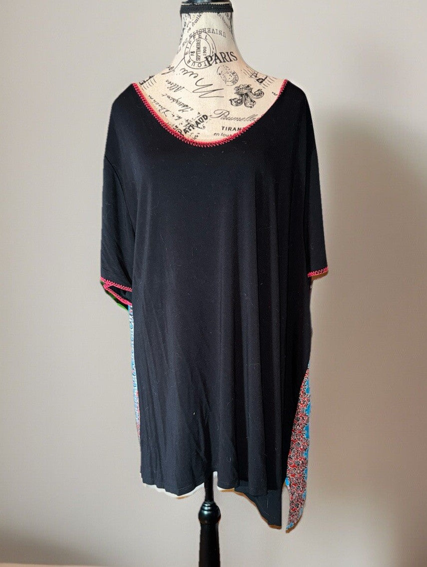Johnny Was 3x Black Tee Shirt Blue & Red Silk Panel Back Tunic Top Tshirt BOHO Johnny Was