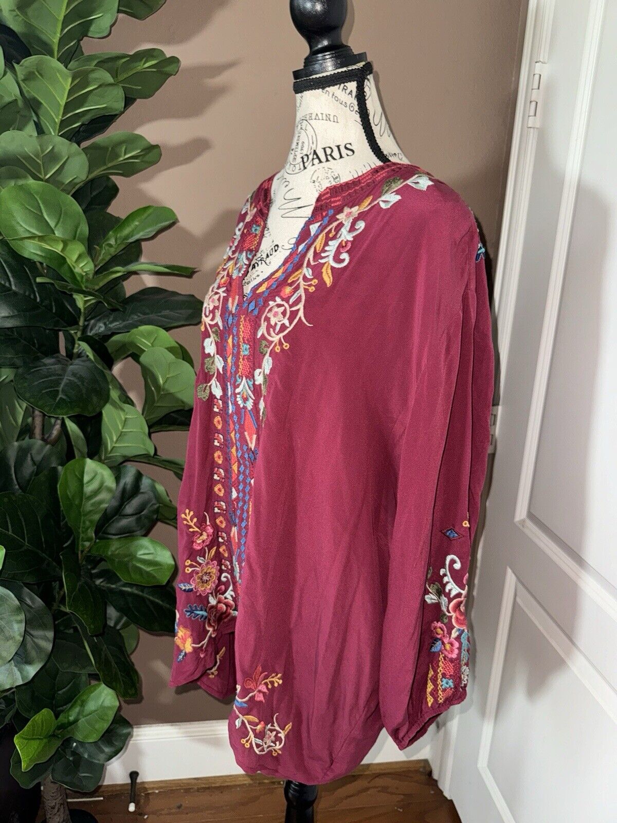 Johnny Was 3X 3XL 100% Silk Tunic Top Kimono Sleeves Embroidered