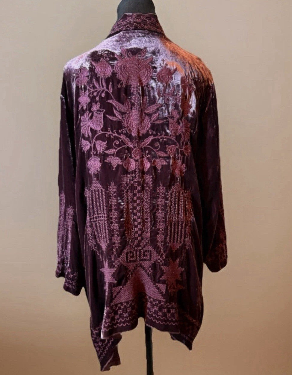 Johnny Was XL Wine Red Velvet Kimono Wrap Embroidery Cardigan Lightweight Jacket Johnny Was