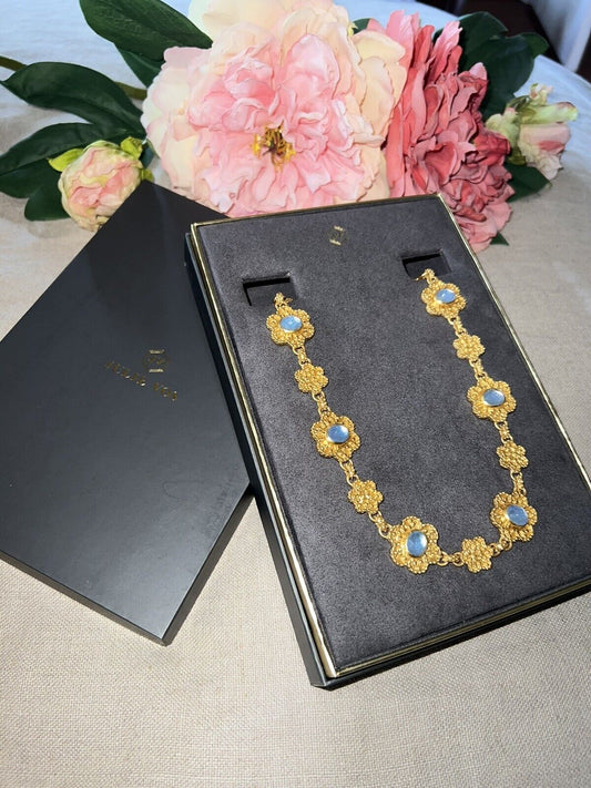 Julie Vos Blue Flower Statement Necklace Toggle Link 24k Gold Plate Chain