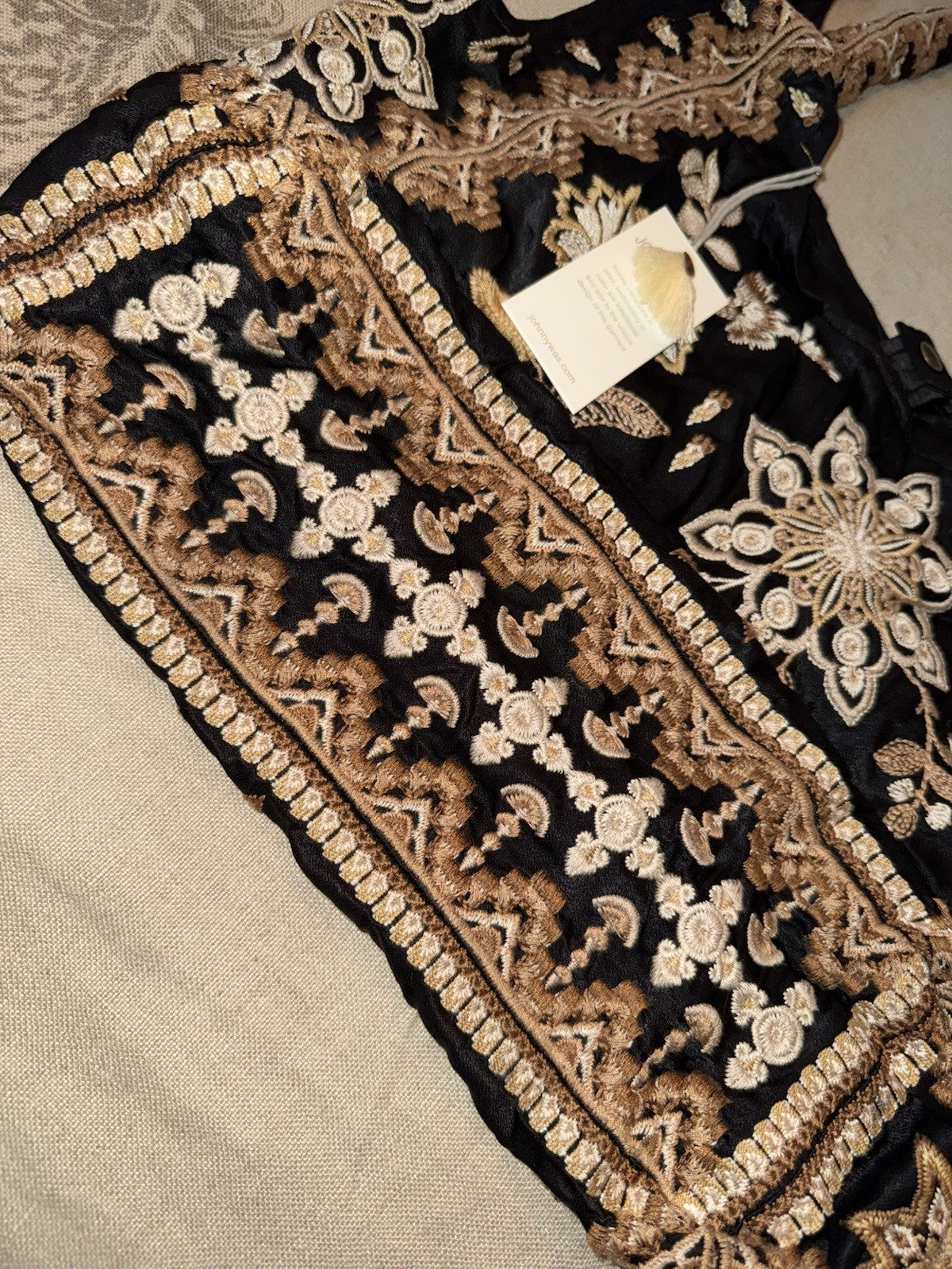 Johnny Was Large Black & Gold Satin Hobo Bag Slouch Tote Purse Embroidered Johnny Was