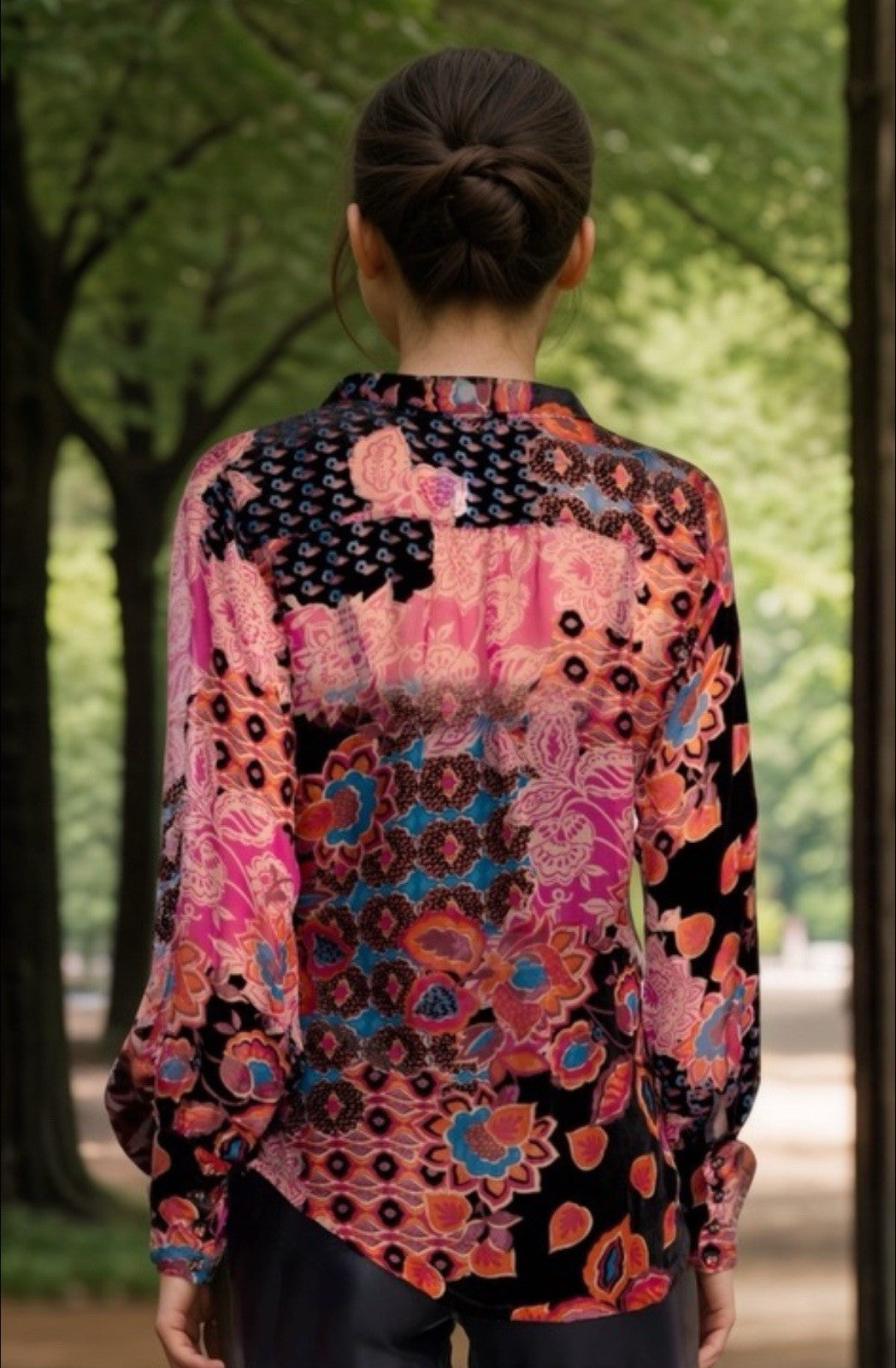 Johnny Was PXXL Petite Burnout Velvet Blouse Pink & Red Button Up Tunic Top Johnny Was