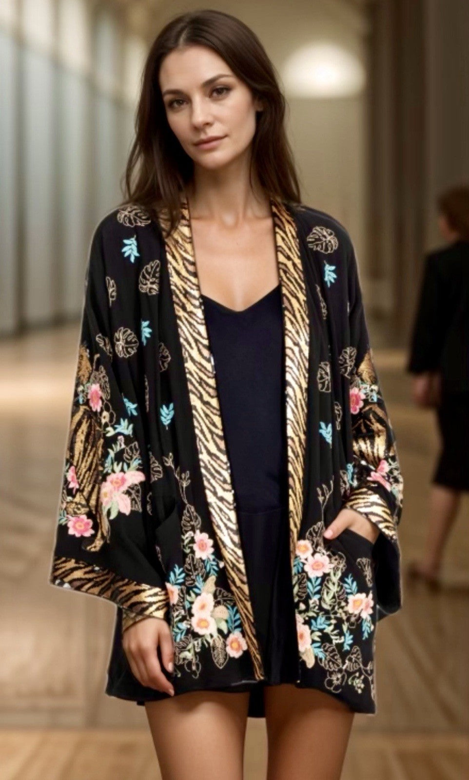 Johnny Was $490 L Large Black & Gold Sequin Kimono Jacket Tiger Silk Lined Johnny Was