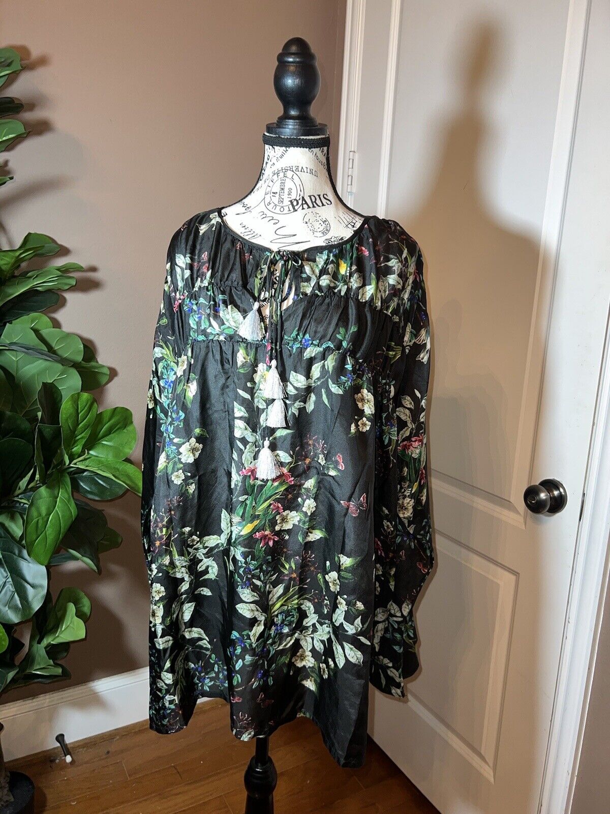 Johnny Was 100% Silk Black Floral Tunic Top Kimono 2X 2XL XXL  Butterfly