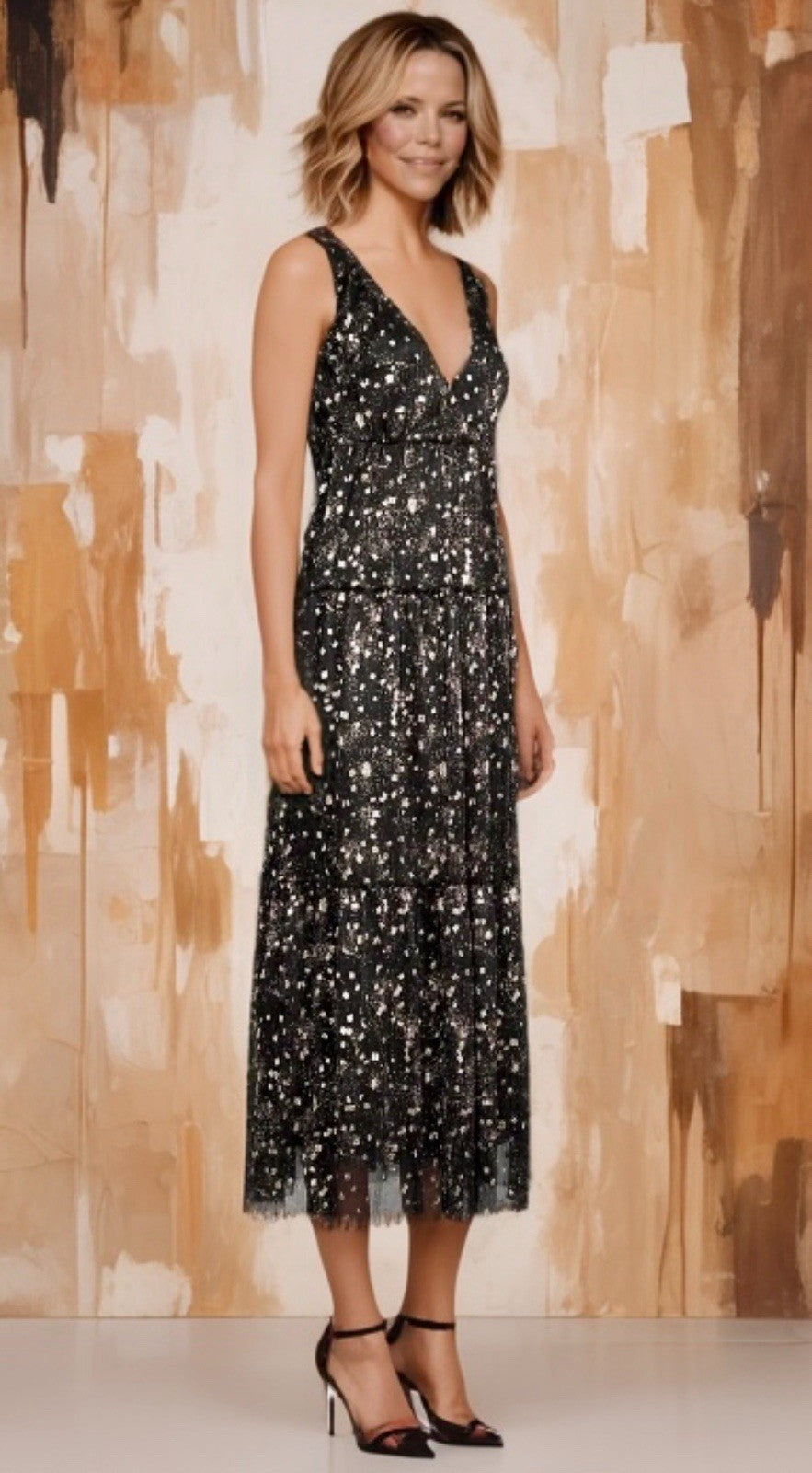 Johnny Was L Black & Gold Long Maxi Party Dress Sleeveless Pair W/ Kimono Johnny Was