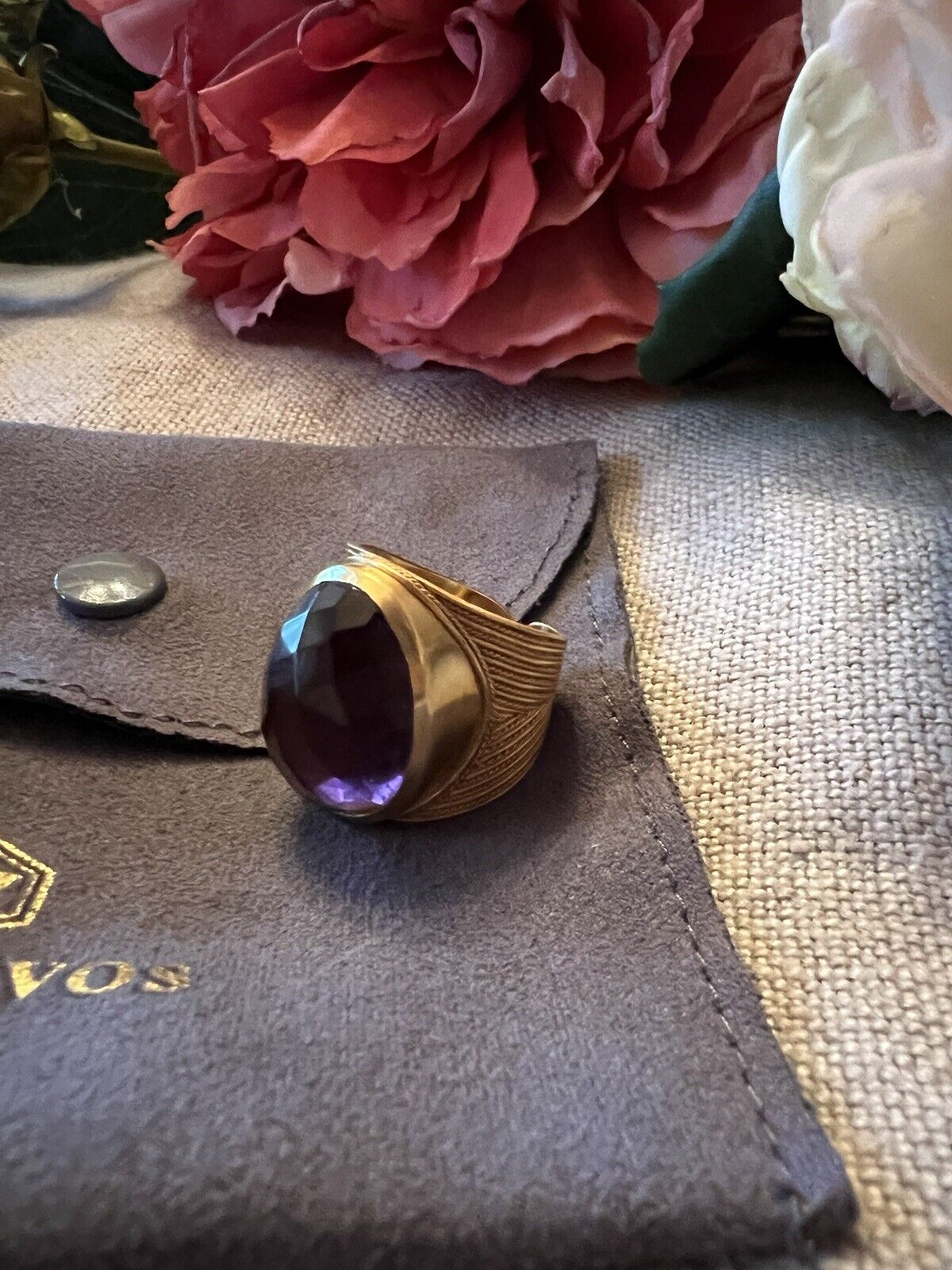 Julie Vos Verona Statement Ring Plum Purple Sz 8 Adjustable 24k Plated