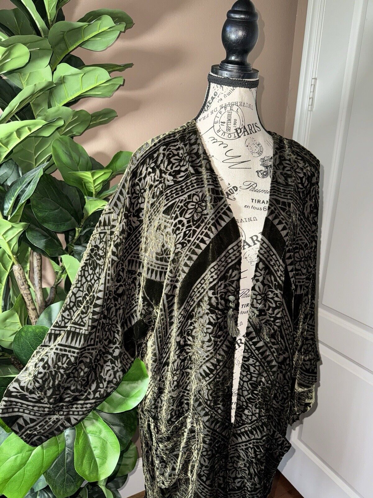 Johnny Was XL Deep Green Burnout Velvet Long Kimono Duster Wrap Jacket