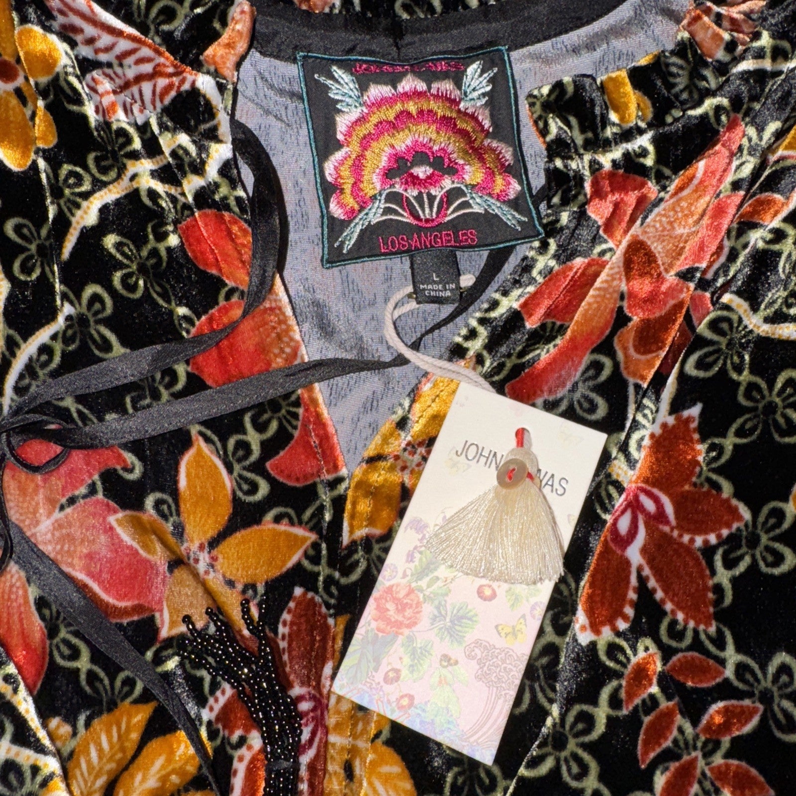 JOHNNY WAS L Velvet Tiered Mini DRESS Babydoll Tunic Top BOHO Beaded Tassels Johnny Was