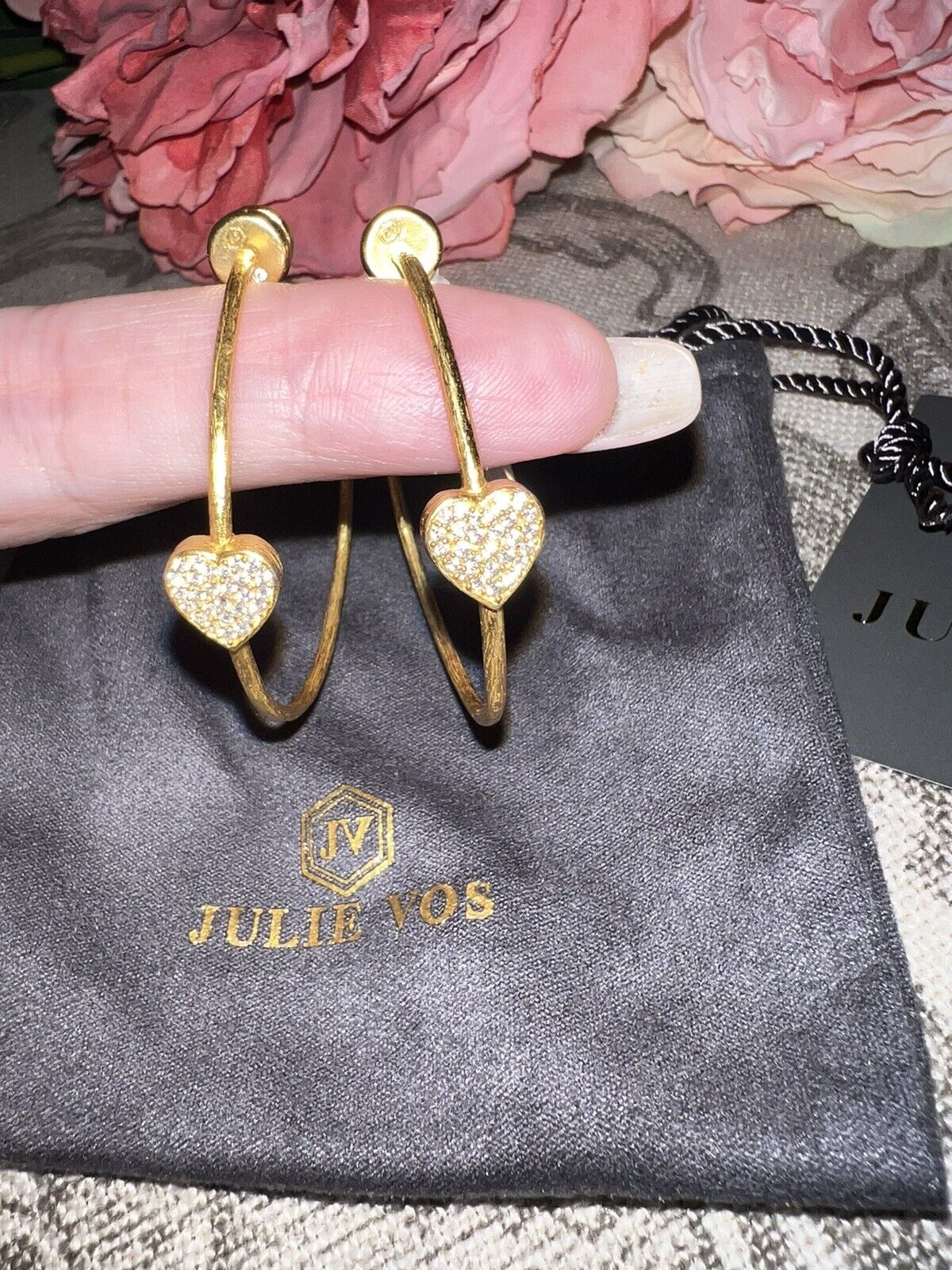 NEW Julie Vos New Pave CZ Heart 1.75” Hoop Earrings 24k Gold Plate NWT