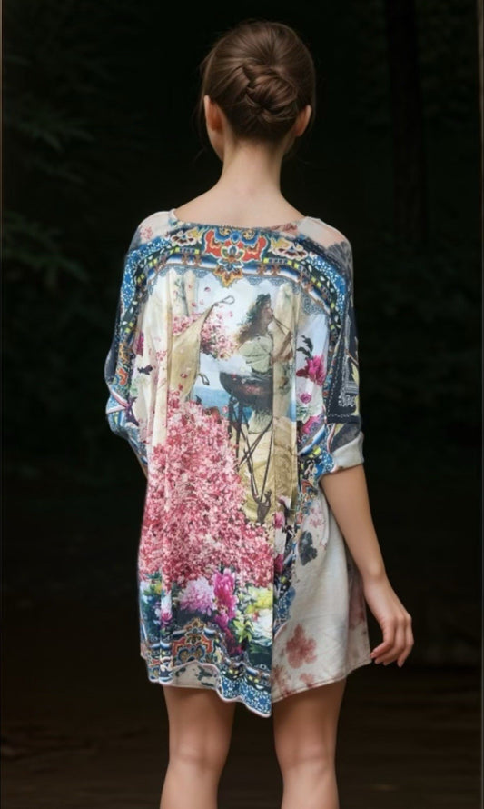 Johnny Was O/S Kimono Wrap Top Cover Up Beautiful Back & Beading Summer One Size Johnny Was