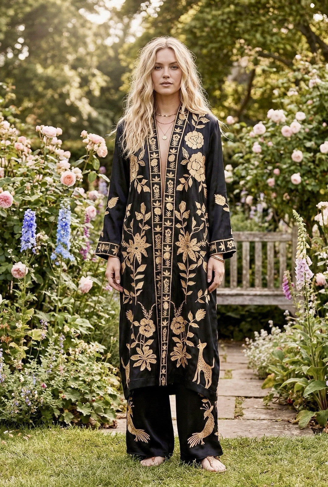 Johnny Was L Black & Gold Long Kimono Duster Embroidered Jacket Coat Wrap Johnny Was