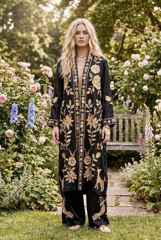Johnny Was L Black & Gold Long Kimono Duster Embroidered Jacket Coat Wrap Johnny Was