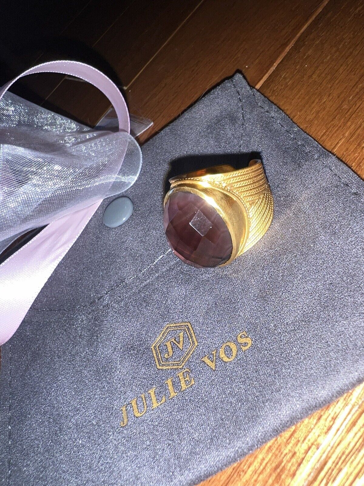 NEW Julie Vos Statement Ring Sz 9 24k Gold Plated W/ Purple Wine Stone NWOT