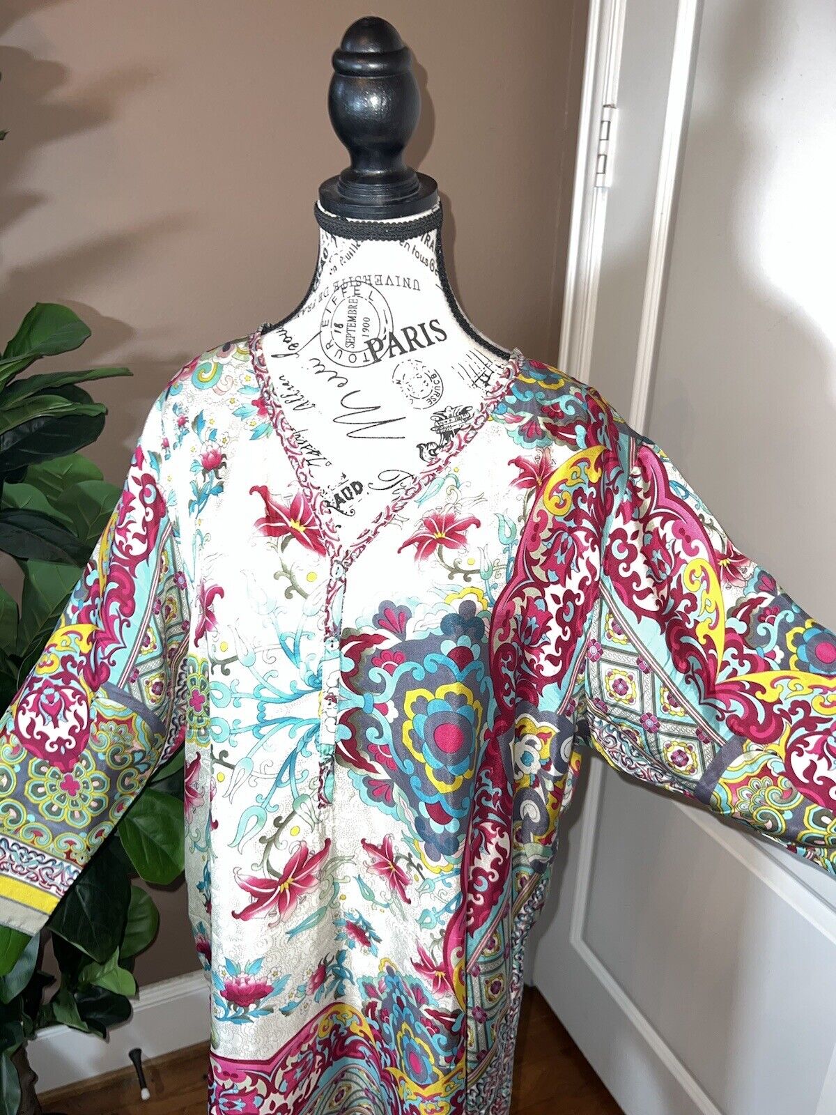 Johnny Was 100% Silk Tunic Top Blouse Half Button  Shirt XL 1X Floral