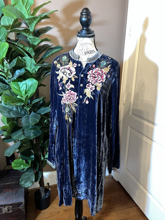 Johnny Was 1X Blue Velvet Kimono Mini Dress Peacock Feather Embroidery