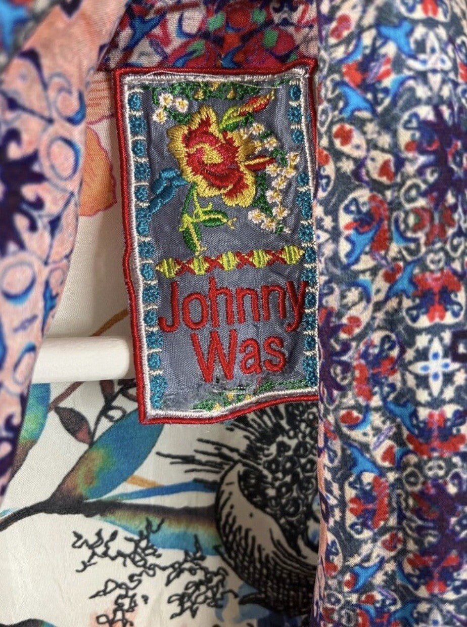 Johnny Was L Silky Kimono Wrap Patchwork Duster Jacket Cool Lightweight BOHO Johnny Was