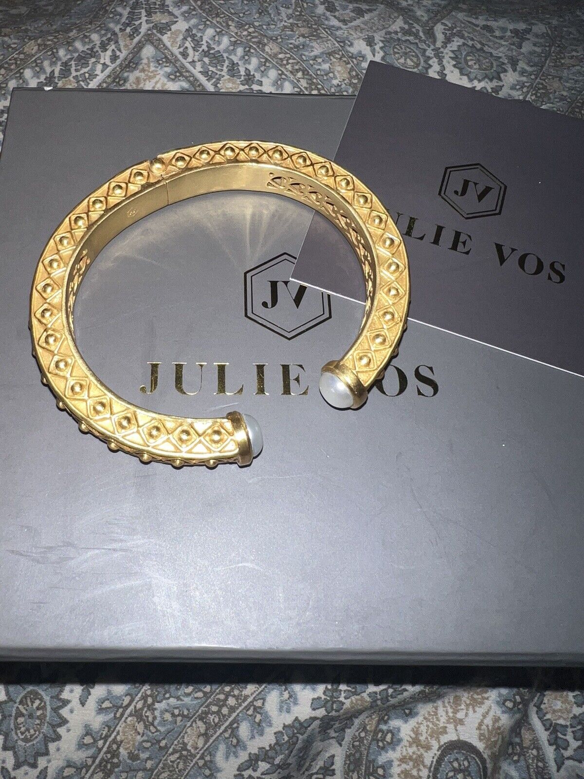 NEW Julie Vos Cuff Hinged Bangle Bracelet 24k Gold Plated & Pearl NWOT