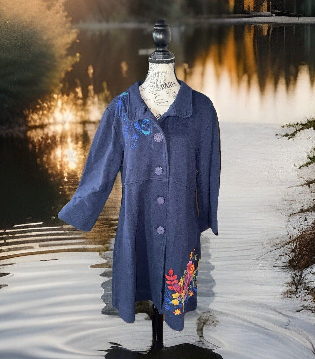 Johnny Was XL Blue Military Trench Coat Jacket Navy W/ Embroidery  Soft Johnny Was