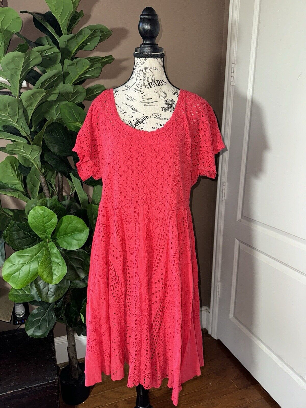 Johnny Was Sz 1X XL Red Dress & Slip Eyelet Lace Knee Length Mini Dress SO CUTE