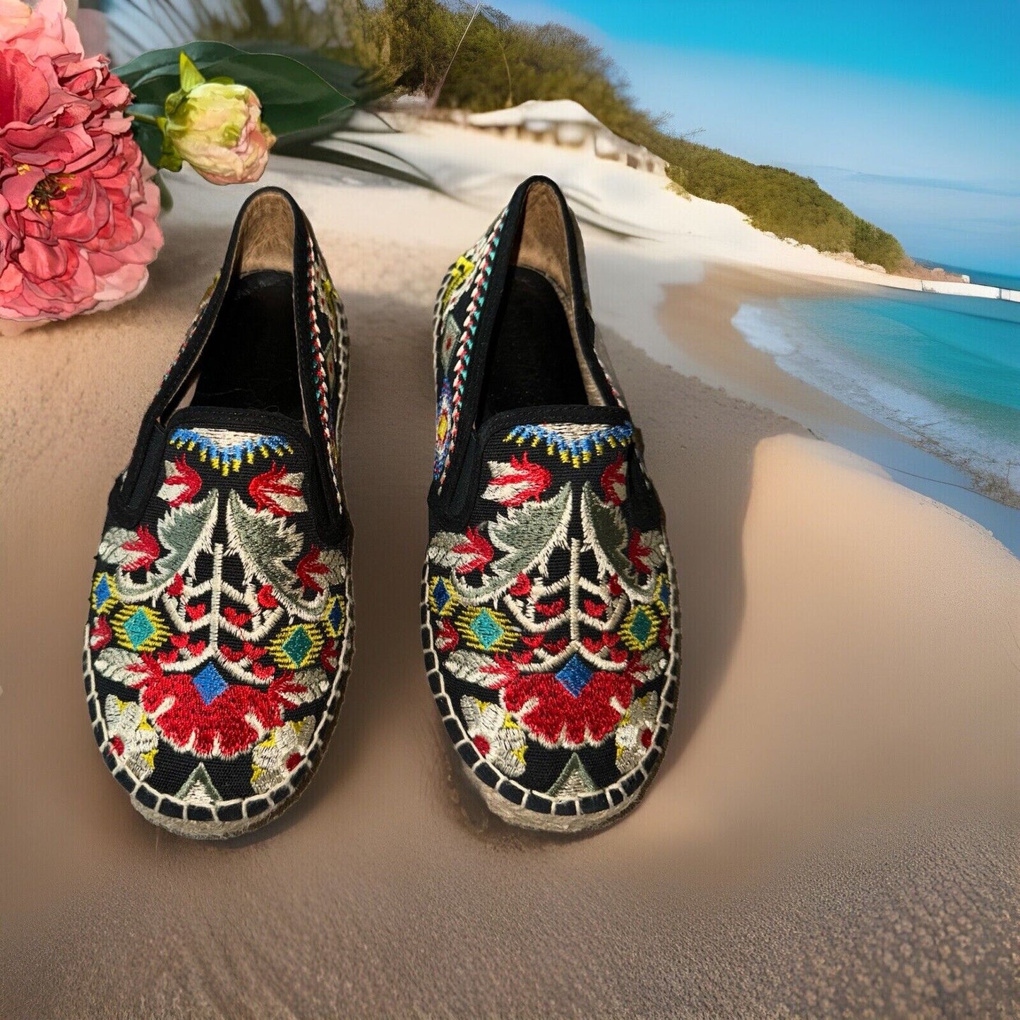 Johnny Was Black Floral Embroidered Espadrilles Sz 37 US 7  Worn Once!